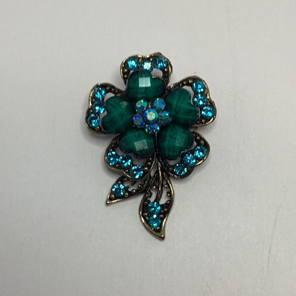 2 inches Beaded Bejeweled Retro Green/Blue Burnished Gold Brooch